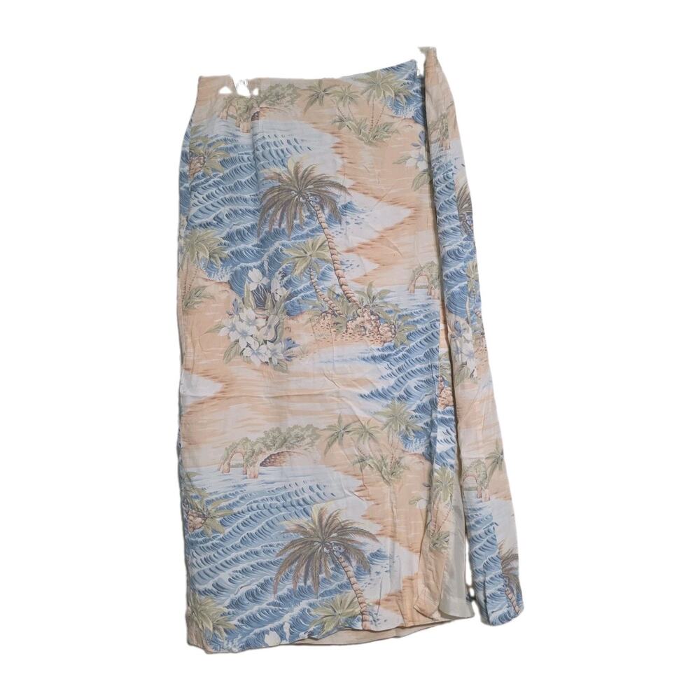 Vintage Tropical Beach Print Midi Wrap Skirt Womens 18 Vacation Palm Trees Boho